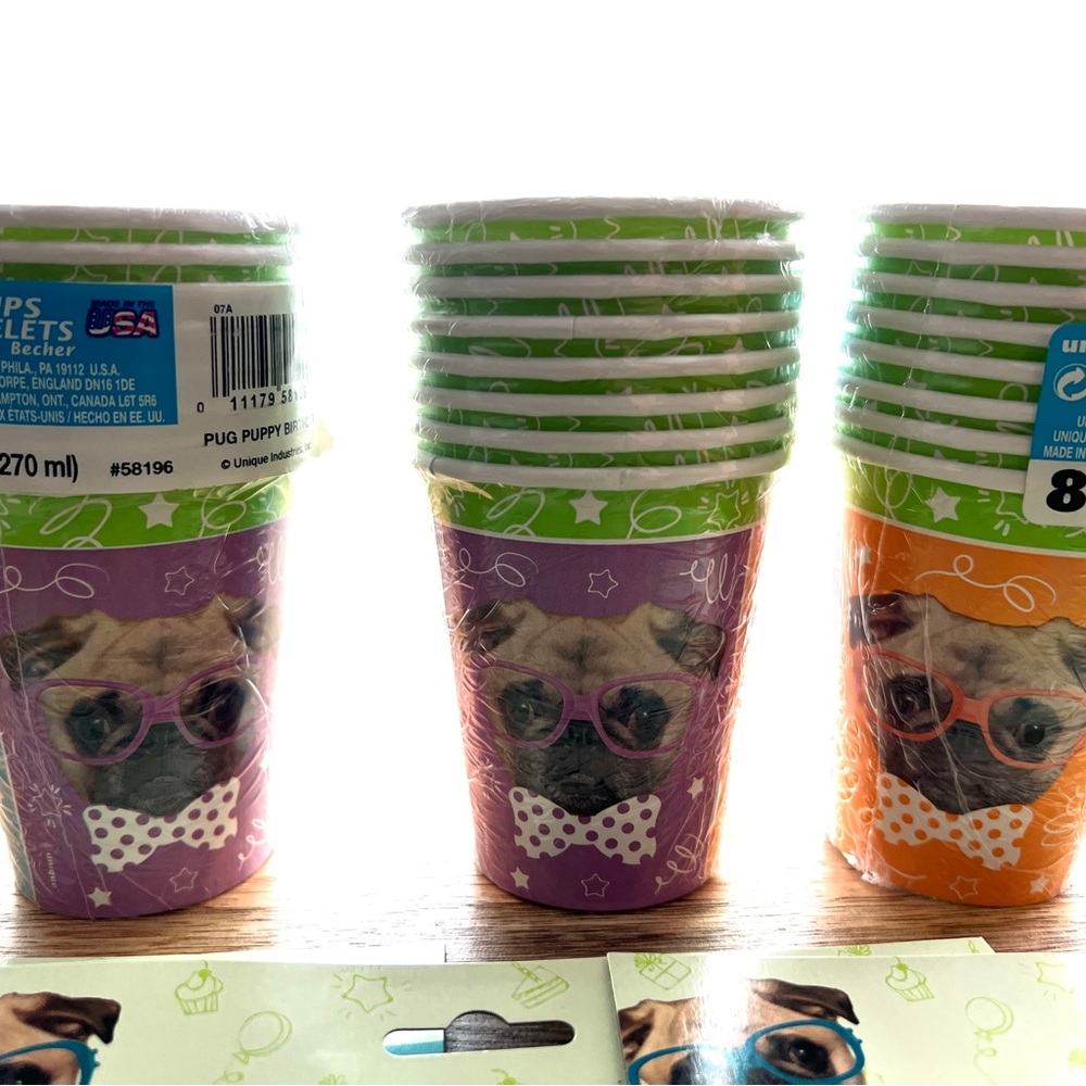 Pug Puppy Party Cups and treat bags- Green and Orange NWOT 24 total of each